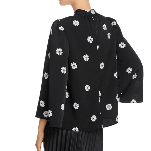 Kate Spade Blouse Womens Black Mock Neck Floral Puff Bell Sleeve Crepe Top - Picture 2 of 8